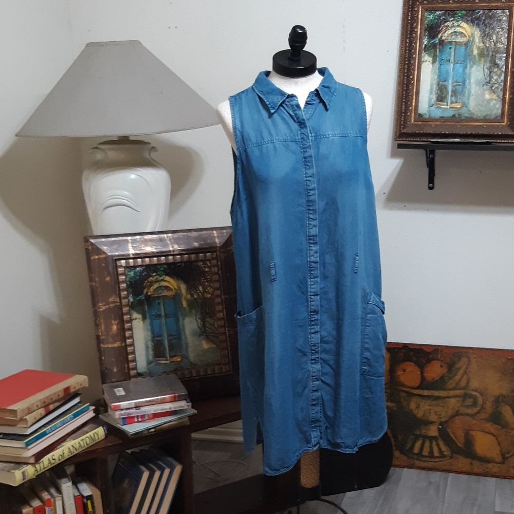 Womens Denim Blue Dress Plus Sz XXL Button up Below Knee Vest Like Sleeveless - Picture 7 of 11